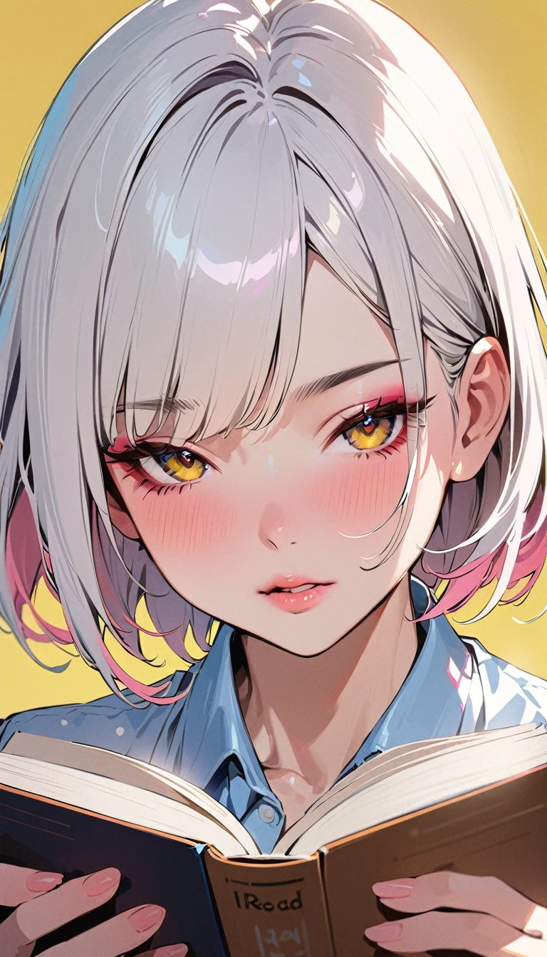 (masterpiece, Highest quality:1.4), 1 girl, solo, Anime Style, colorful students, Blurred vision, I read a book, Pink lower lip, Japanese school girl makeup, Silver asymmetrical short hair, Asymmetrical short hairstyles, Long bangs on one side, Color Highlights, Schoolgirl uniform, Pure Yellow Background.