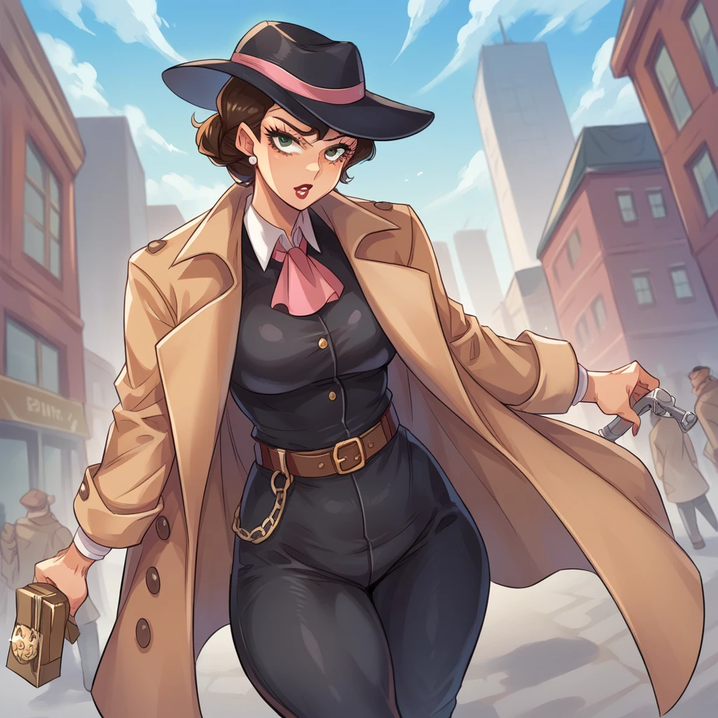 female detective, wear black dress pants, a short hat and wears a trench coat, In the background a city with giant buildings