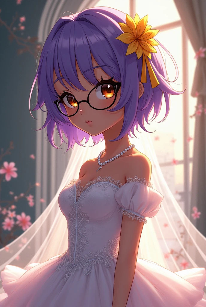 Dark-skinned girl, Short shoulder length purple hair to one side with a yellow lock in the hair that is worn on the right side, Short neck, Pearl Necklace, Brown eyes, little chest, Wedding dress, black frame glasses, anime.