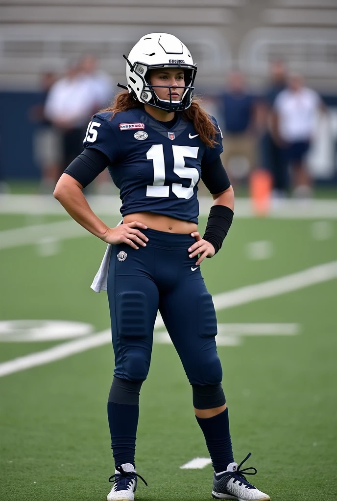 A photo of Emma Fisher, a brunette quarterback for the female Penn State Nittany Lions football team. Number 15.