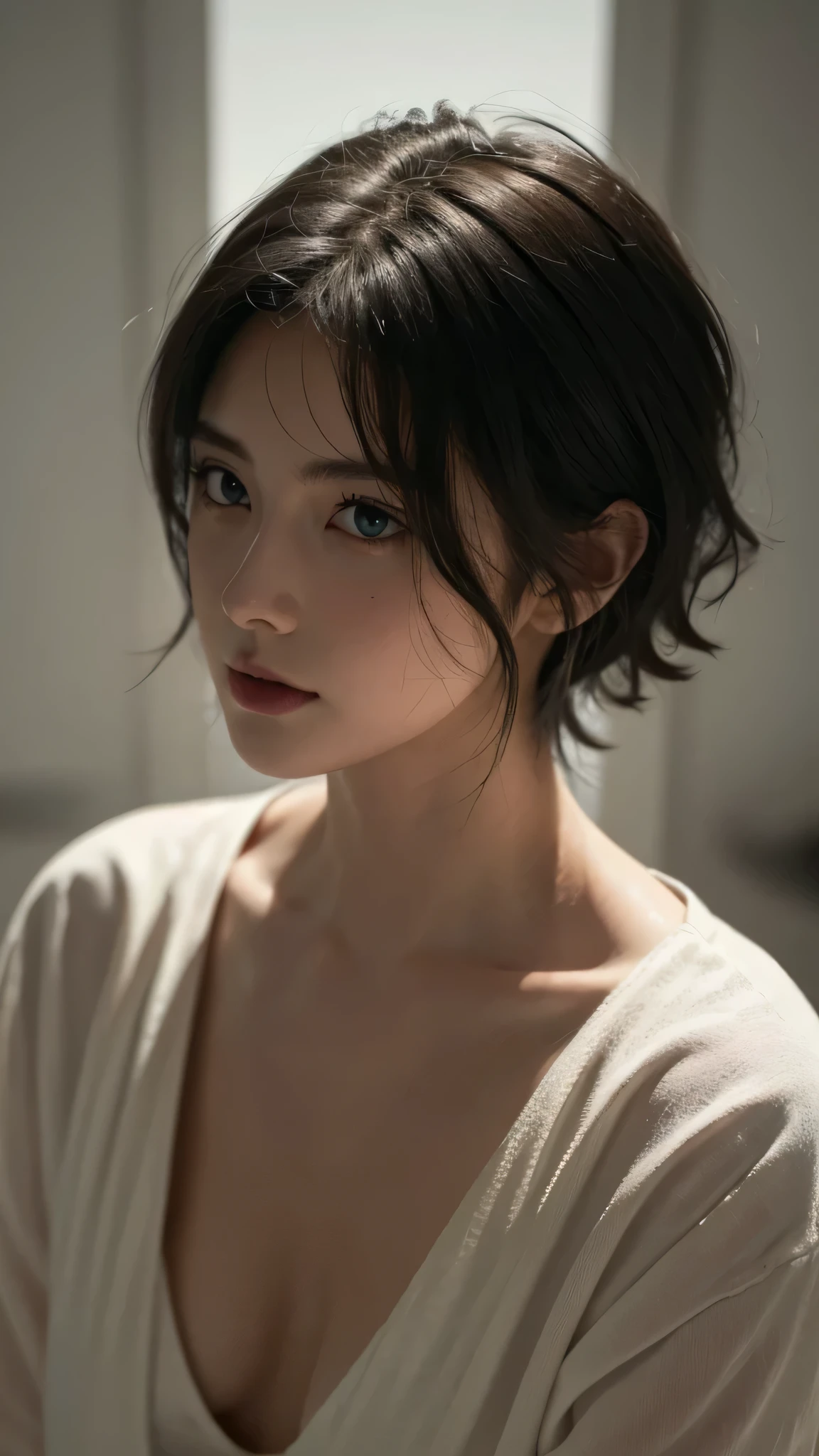 Best quality, masterpiece, Ultra-high resolution, (Realistically:1.5), RAW photos, 1 cat, cute, In the light, deep shadow, Low profile, Cold Light, sexy look, short hair