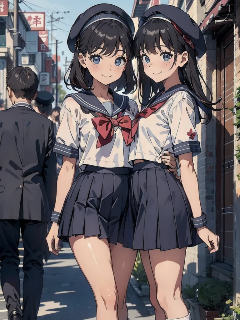 pretty girl、daily、Group photo、Smiling face、Sailor suit、mini skirt、beret