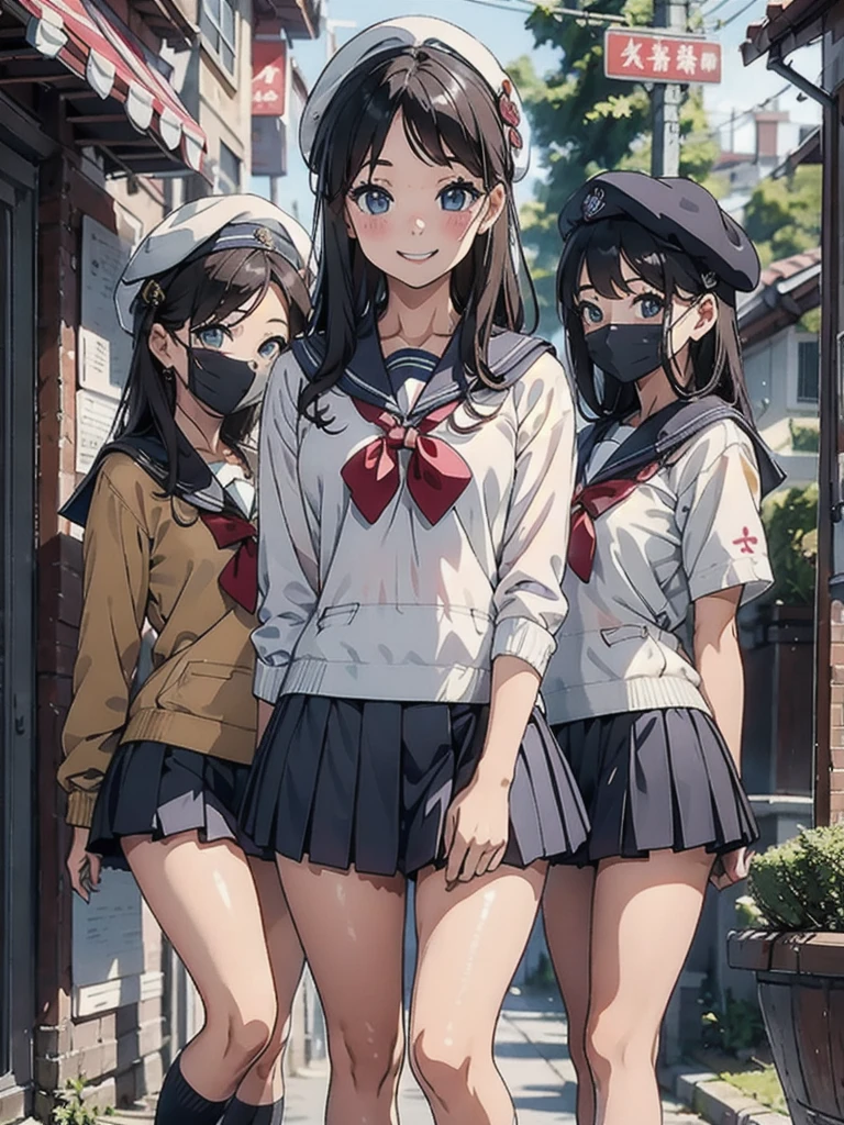 pretty girl、daily、Group photo、Smiling face、Sailor suit、mini skirt、beret