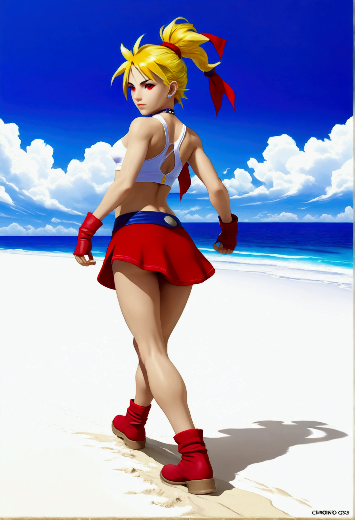 (promotional art), (Whole body view), (Kid from Chrono Cross:1.4), yellow hair in high ponytail braid, sapphire blue eyes, very slender toned frame, medium/large bust, pale white skin, (pair of white claw marks on both inner thighs;1.3), fierce expression, BREAK: (tight red wrap around skirt with high front slit), high cropped red jacket with short sleeves, skin tight white sports bra under jacket, (tight white sports bra:1.25), loose leather ankle boots BREAK: 1/4 walking pose, on a white sand beach, ocean spray shooting up behind her