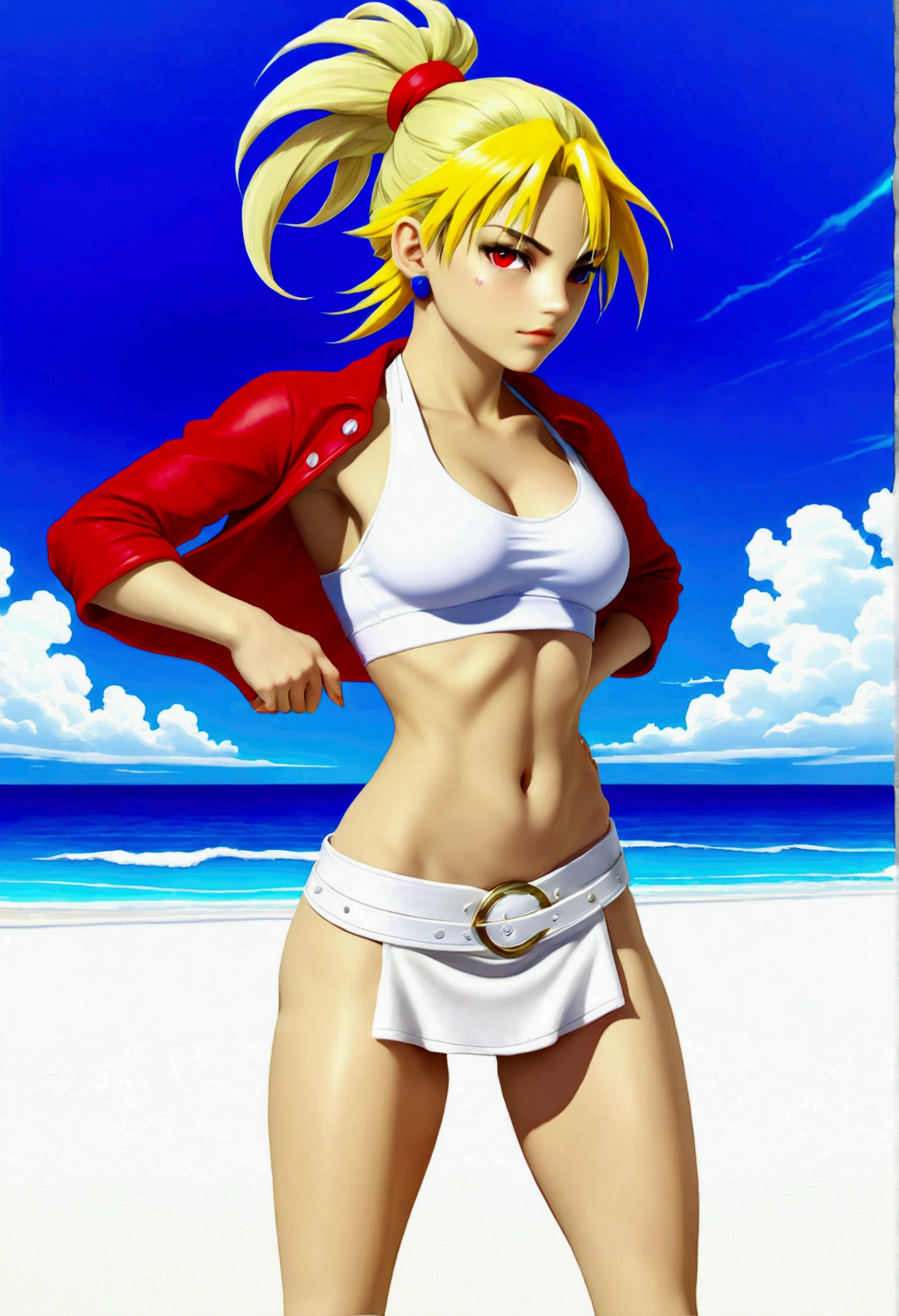 (promotional art), (Whole body view), (Kid from Chrono Cross:1.4), yellow hair in high ponytail braid, sapphire blue eyes, very slender toned frame, medium/large bust, pale white skin, (pair of white claw marks on both inner thighs;1.3), fierce expression, BREAK: (tight red wrap around skirt with high front slit), high cropped red jacket with short sleeves, skin tight white sports bra under jacket, (tight white sports bra:1.25), loose leather ankle boots BREAK: 1/4 walking pose, on a white sand beach, ocean spray shooting up behind her