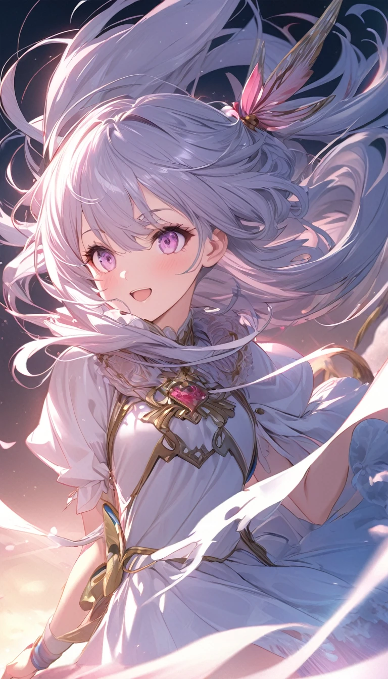 Cute beautiful woman、(Hair Ribbon:0.4), Pink Eyes,(((White bun hair))),(((Pink long hair)))、smile、Shy、Light makeup、Great proportions、Gentle background color scheme、Fluffy calming effect、Shading Effects、Gradient Magic Effect、(Super detailed、Absolute Resolution、Highest quality:1.3)、2.5D、delicate and dynamic、Artistic photography、Hyperrealistic、Graphic CG Digital Art
