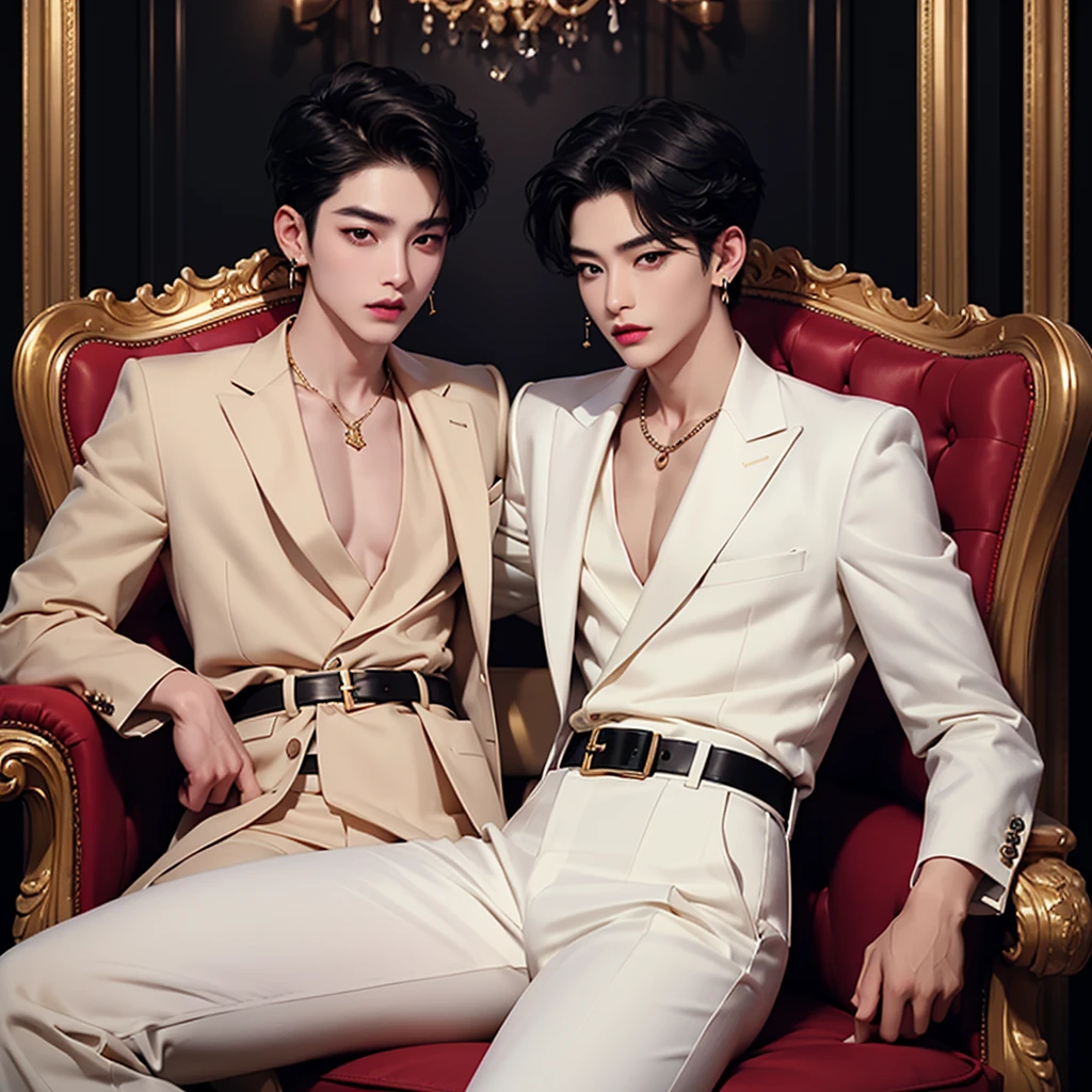 Korean men's facial structure is not very small.
Double eyelids
short hair
black hair
light pink lipstick Velvet lipstick texture, the eyes are the same.
The nose is high enough.
wearing a black necklace
gold earrings
wearing a white suit
white pants
wear a black belt
sitting on a golden chair