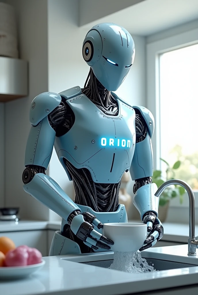 I would like to create a domestic robot whose name would be Orion, He has to have his name on his chest and I need you to put him doing some household activity like washing the dishes
