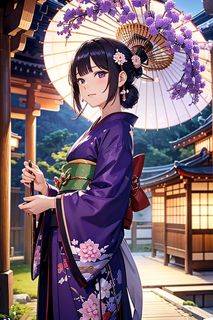 Evening Shrine ,
Japanese Kimono, hair ornaments, Long-handled Japanese umbrella , Recall,
old Japan background, purple hydrangea,
((非常にdetailedな背景:1.2)), Emphasizes facial expressions and beautiful body lines, Excited look at the camera, Nice hands, Perfect hands, more_detailed:1.5,(masterpiece:1.2), Highest quality,Evening Shrine (Genshin Impact)more_detailed:-1, more_detailed:0, more_detailed:0.5, more_detailed:1, more_detailed:1.5