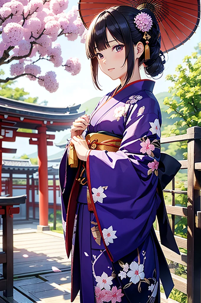 Evening Shrine ,  
 Japanese Kimono, hair ornaments, Long-handled Japanese umbrella , Recall, 
old Japan background,  purple hydrangea, 
((非常にdetailedな背景:1.2)), Emphasizes facial expressions and beautiful body lines, Excited look at the camera, Nice hands, Perfect hands, more_detailed:1.5,(masterpiece:1.2), Highest quality,Evening Shrine (Genshin Impact)more_detailed:-1, more_detailed:0, more_detailed:0.5, more_detailed:1, more_detailed:1.5