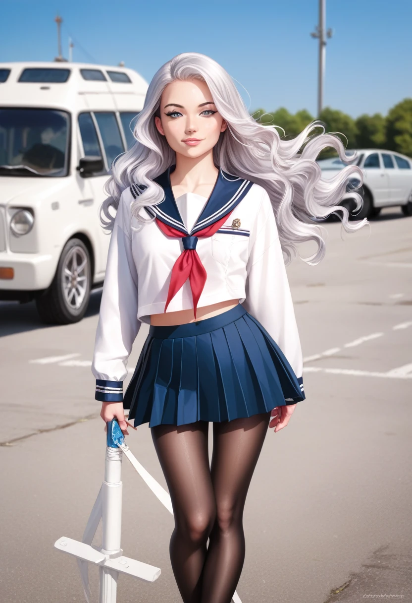 Layering,((On the outside, he is half-dressed in a white coat.)),(Sailor collar uniform),shirt, Pleated skirt,(Black Pantyhose),[:(Detailed face:1.2):0.2], RAW Photos, (masterpiece), (Highest quality), High resolution, (Realistic, photo-Realistic:1.2), Super detailed, Physically Based Rendering, One girl, Air Van, Long Hair, (Silver Hair), Wavy Hair, 