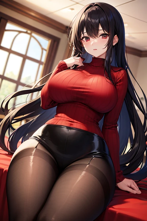 masterpiece, best quality, highres, hmjy1, long hair, blunt bangs, red jacket, black pantyhose, (((big naked breasts with nipples))), ((beautiful breasts and vagina)), ((perfect vagina and breasts)),long sleeves, cowboy shot, glowing eyes, blush, evil smile, sitting, classroom, dark background, crossed legs,