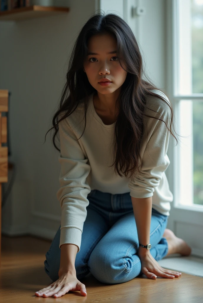 Woman in jeans and long sleeve t-shirt kneeling on the floor touching the floor front view