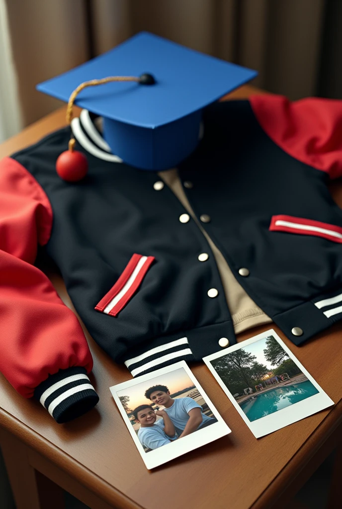 The cover of a book.
A table with a black varsity jacket with red sleeves and white lines on it.
The table will also have a royal blue graduation cap..
Next to the jacket 3 Polaroid type photos.
In one of the photos you will see the silhouette of two teenage boys sitting together watching a sunset..
In another you will see the same two boys in a pool sitting on the edge..
And in the other photo a boy with a graduation cap whose face cannot be seen.
Nostalgic and old vintage atmosphere