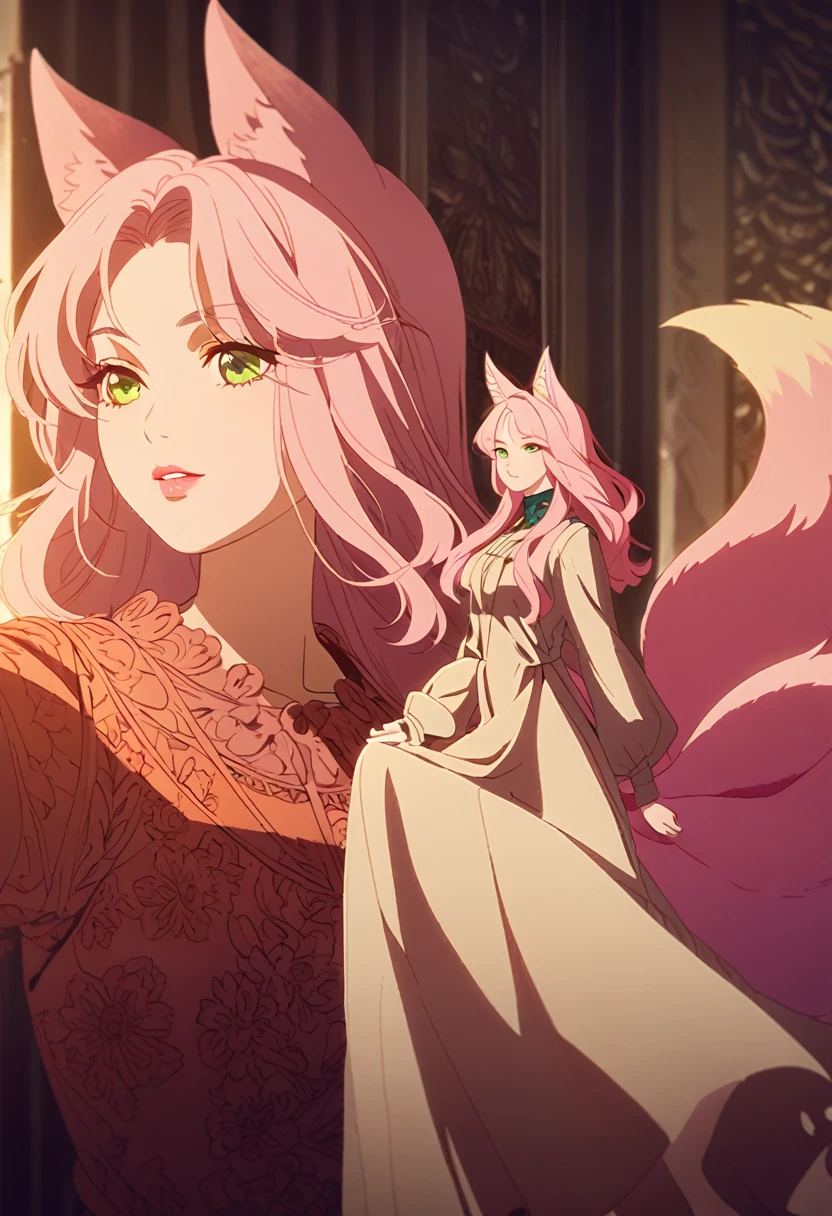a teenage girl, kitsune girl, long pink hair, green eyes, long kitsune ears, large and long pink tail, casual outfit, detailed face, beautiful detailed eyes, beautiful detailed lips,legant pose,  figure, soft lighting, warm color palette, fantasy setting, cinematic composition, dramatic lighting, highly detailed, intricate details, realistic textures, vibrant colors