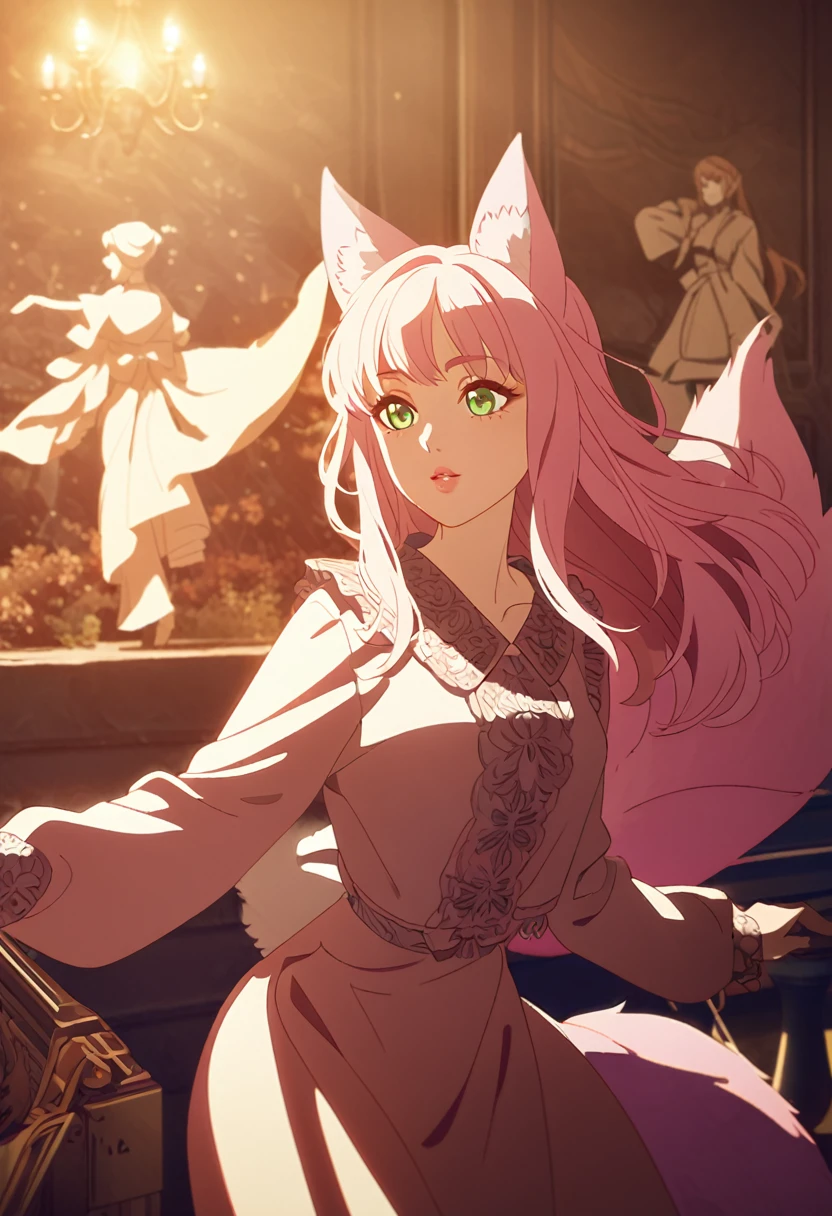 a teenage girl, kitsune girl, long pink hair, green eyes, long kitsune ears, large and long pink tail, casual outfit, detailed face, beautiful detailed eyes, beautiful detailed lips,legant pose,  figure, soft lighting, warm color palette, fantasy setting, cinematic composition, dramatic lighting, highly detailed, intricate details, realistic textures, vibrant colors