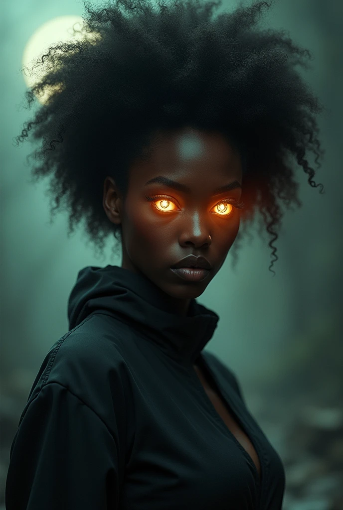 Black woman with afro hair and demonic moon eyes in demon slayer