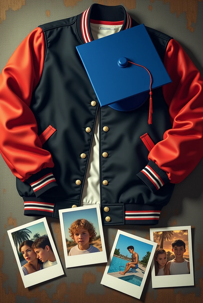 The cover of a book.

A table with a black varsity jacket with red sleeves and white lines on it.

The table will also have a royal blue graduation cap..

Next to the jacket 3 Polaroid type photos.

In one of the photos you will see the silhouette of two teenage boys sitting together watching a sunset..

In another you will see the same two boys in a pool sitting on the edge..

And in the other photo a boy with a graduation cap whose face cannot be seen.

Nostalgic and old vintage atmosphere