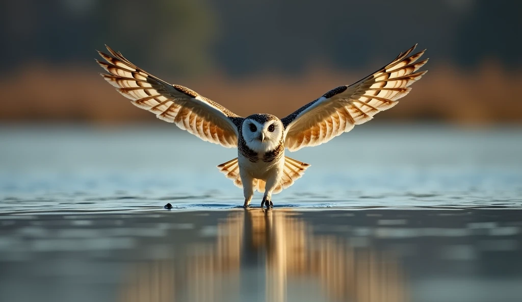 Owl flying over water，Inverted Image，Sharp focus，Bokeh，Depth of written boundary，Masterpieces，Ultra-fine，Ultra-realistic，8k，Best image quality，Detailed Description