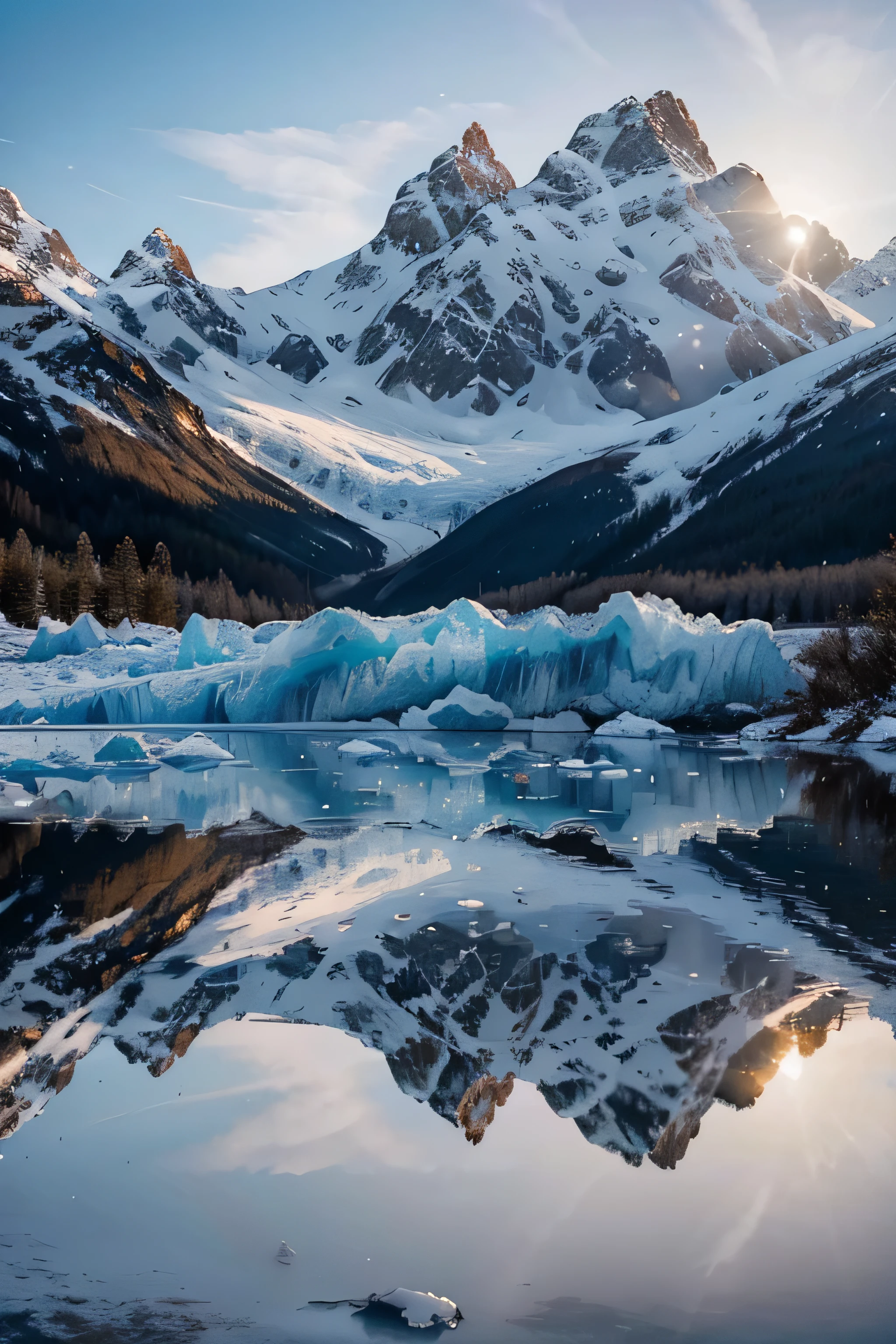 Furkaglacier, glistening ice formations reflecting the early morning sun, surrounded by snow-capped peaks, the atmosphere is serene and tranquil, with a gentle mist rising from the glacier, Photography, captured with a Canon EOS R5 and a 24-70mm f/2.8 lens, --ar 16:9 --v 5