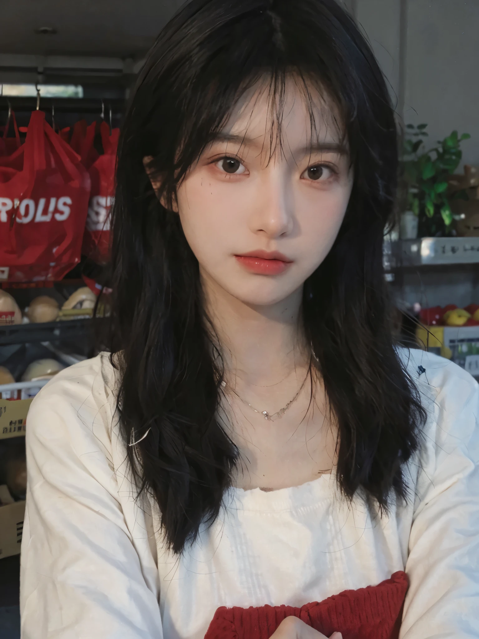 Best quality，Ultra-high resolution,(Realism:1.4)，Cute hairpins，girll,Cropped black sweater，Look directly at the audience，Full of atmosphere，Beautiful woman with a slim figure:1.4，supermarket，Super delicate face，Exquisite eyes，Double eyelids，necklace