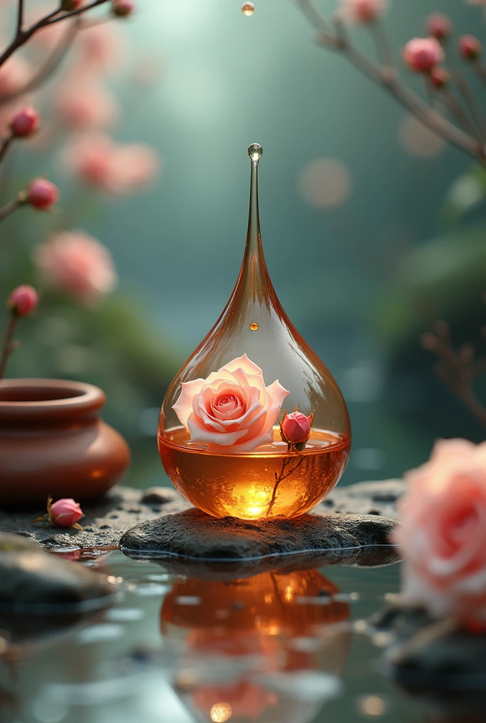 Create a more beautiful and watery fictional image with a 4d drop of brownish essential oil dripping. Inside the drop wonderful rose flowers inside. With a clay pot and ointment beside it.