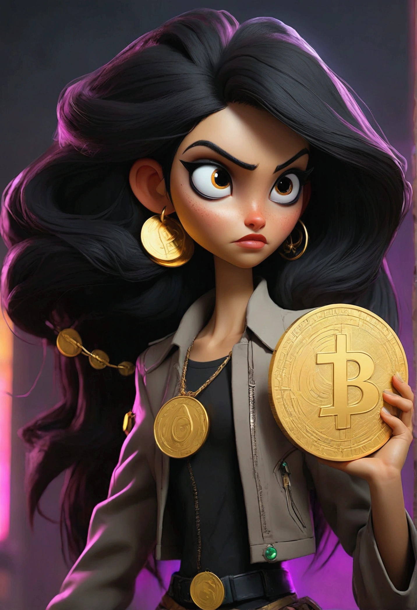 by the wide, Black hair, women, surrealist costume, slender body, 25 years, mexican person, holding gold coin with symbol π, cyberpunk, rocket to the moon. Greenenergy