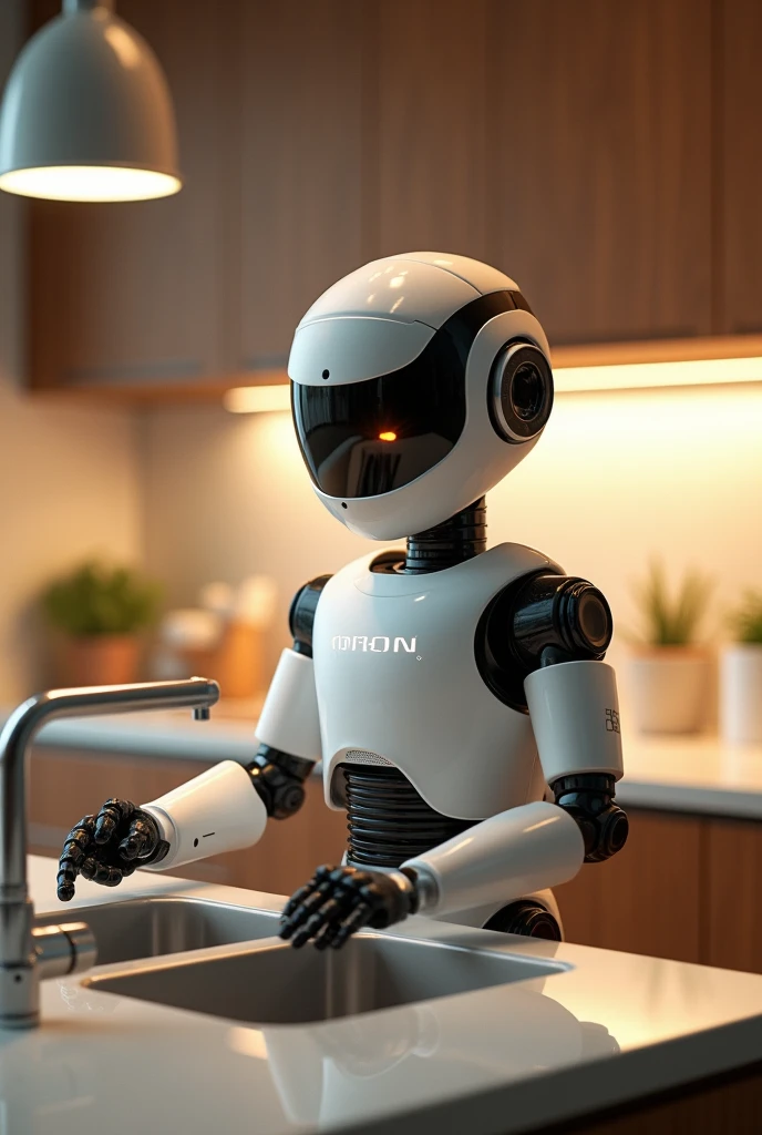 I would like to create a domestic robot whose name would be Orion, He has to have his name on his chest and I need you to put him doing some household activity like washing the dishes, keep the design of the robots
