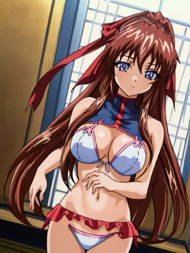 (Anime artwork, Anime Style, Studio Anime, Very detailed, up to date, Vibrant, Anime Coloring Book, High Contrast, masterpiece:1.2, Highest quality, Best aesthetics), (Beautiful and detailed eyes:1.2), 1 girl, Straight Long Hair, Large midchest, Hair Ribbon, White Bikini, Asymmetrical bangs, Perfect Proportions, Skin with attention to detail, cute, Detailed face, (Cowboy Shot, Dynamic Angle:1.1), (Accurate fingertips, Browse 4, Thumb 1),
