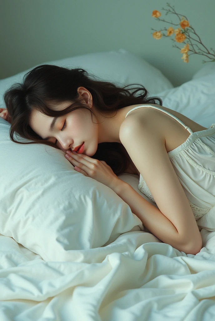 It's daytime young woman lying right side frontally straight sleeping on the right side of a bed with white sheets legs full body with art style of gustav kimdl with inspiration from the painting water snakes horizontally