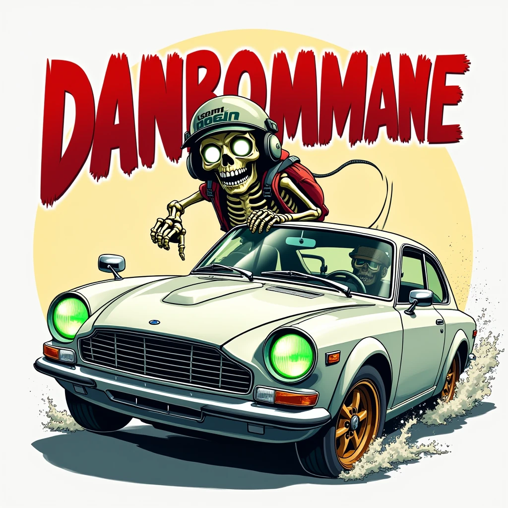 A text saying (DANBOMMANE) with a 3D comic drawing style, In the background a modified white Japanese car with green headlights and low suspension skidding, As a pilot, a skeleton with bright white eyes and a cap with text saying (beech)