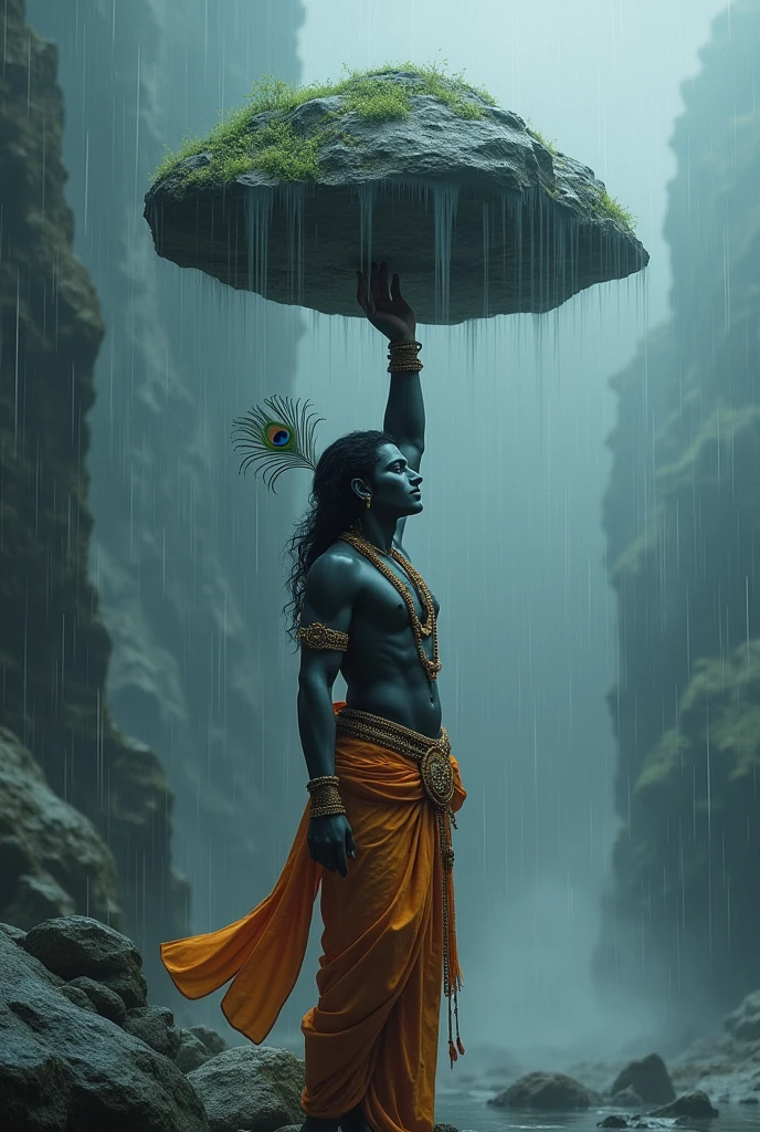 Lord Krishna, with his dark complexion, stands with a calm and focused expression as he lifts the enormous Govardhan Mountain with his little pinkie finger. A peacock feather adorns his head, adding a touch of elegance to his divine form. Despite the heavy rain falling around him, the mountain remains suspended effortlessly above, emphasizing Krishna’s supernatural power and serene grace amidst the stormy weather.