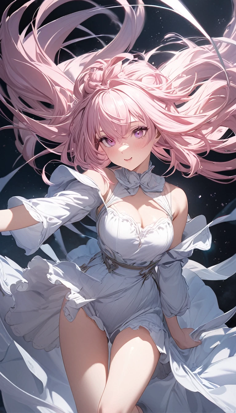 Cute beautiful woman、(Hair Ribbon:0.4), Pink Eyes,(((White bun hair))),(((Pink long hair)))、smile、Shy、Light makeup、Great proportions、Gentle background color scheme、Fluffy calming effect、Shading Effects、Gradient Magic Effect、（Super detailed、Absolute Resolution、Highest quality：1.3）、2.5D、delicate and dynamic、Artistic photography、Hyperrealistic、Graphic CG Digital Art