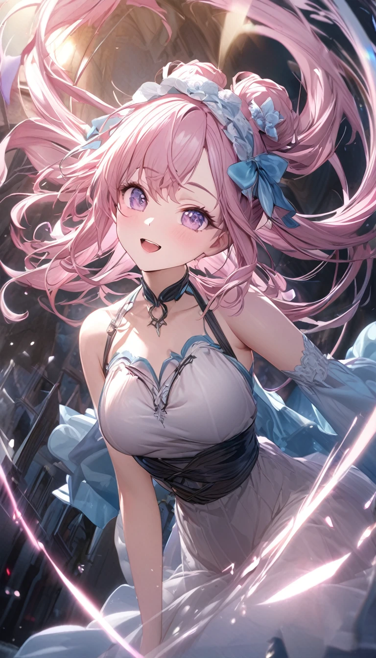 Cute beautiful woman、(Hair Ribbon:0.4), Pink Eyes,(((White bun hair))),(((Pink long hair)))、smile、Shy、Light makeup、Great proportions、Gentle background color scheme、Fluffy calming effect、Shading Effects、Gradient Magic Effect、（Super detailed、Absolute Resolution、Highest quality：1.3）、2.5D、delicate and dynamic、Artistic photography、Hyperrealistic、Graphic CG Digital Art