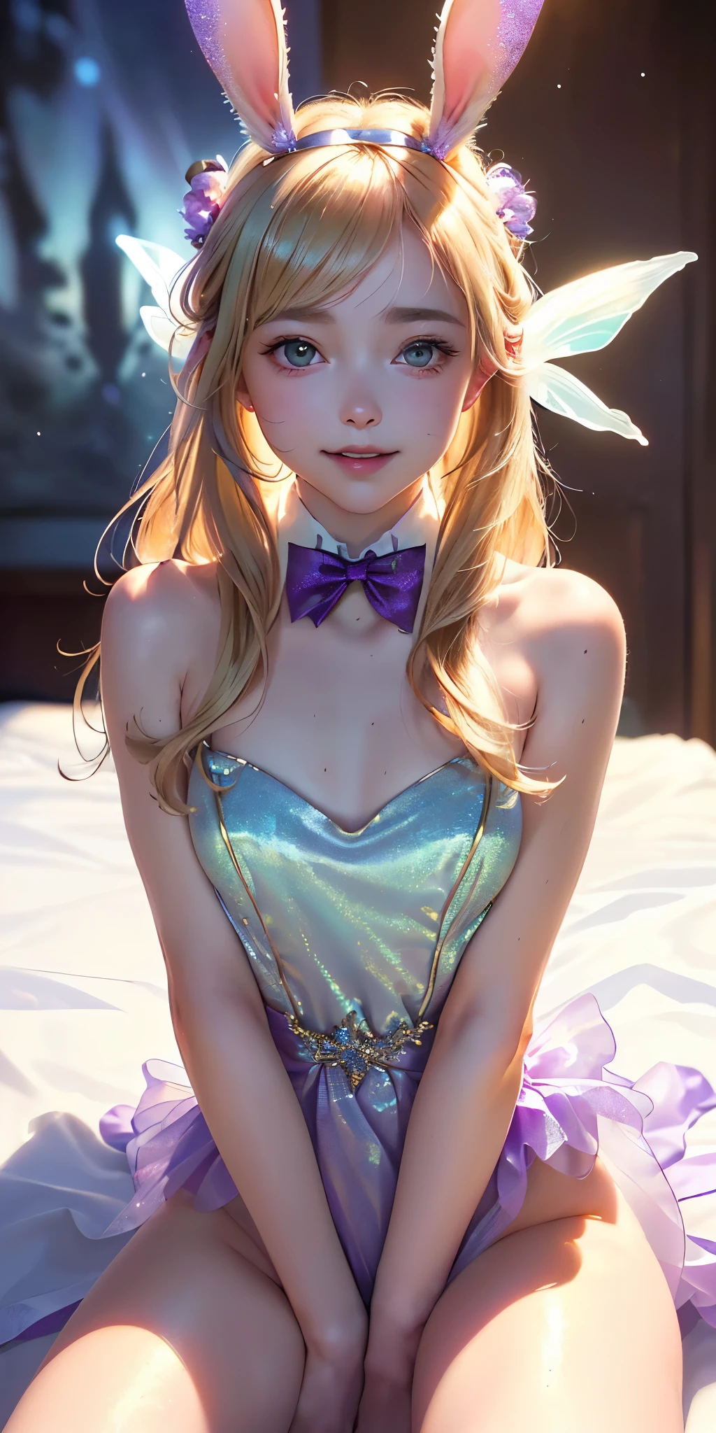 masterpiece, best quality, extremely detailed CG unity 8k wallpaper,((Upper Body)) ,((Upper Body head close-up shot of a beautiful girl)), , Elegant Long straight blonde hair, (Mckenna Grace), ((flat chest,thighs,Autoluminescence skin)),Transparent (purple-green) golden (Glittering tutu,long Bunny Ear Headgear, , Bow-tie, No panties, genitals visible), ((sitting,spread legs)),(), (Blush), , (seductive smile), (A world of ice and snow), pretty face, key art, award winning, intricate detail realism hdr, by (ruan jia and artgerm and range murata), Photorealism, Hyperrealism, ultra realistic, dramatic light, intense shadows, gorgeous view, depth of field