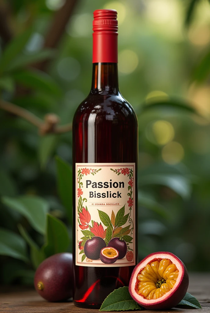Create a passion fruit wine label that has as its title: Passion Bisslick by Miranda Bisslick. It has to look delicate, elegant and fine and with passion fruit in the rainforest
