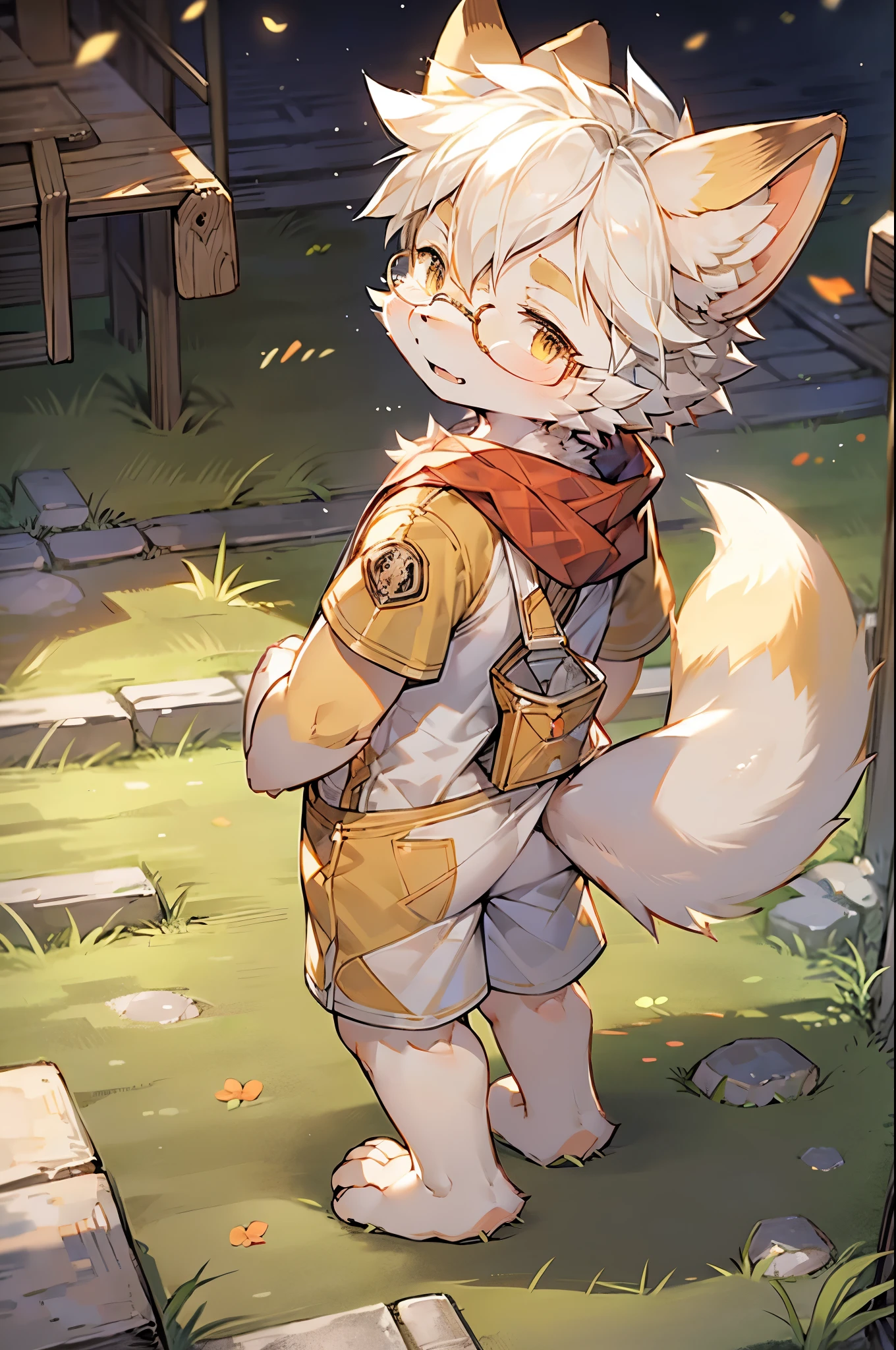 Fox Boy，Furry boys，Infant and child characteristics，White hair，Yellow skin，White Arm，Glasses，Brave Suit，Short sleeve，shorts，Medieval town background