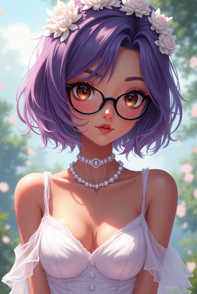 18 year old girl with dark skin, shoulder length purple short hair to one side (the right), Short neck, small head, Pearl Necklace, Brown eyes, little chest, Wedding dress, black frame glasses, anime.