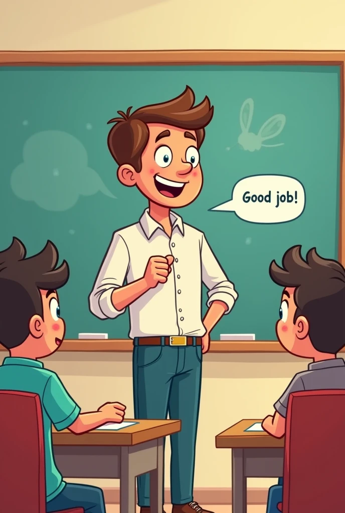 Create a cartoon of a teacher congratulating his students for a good job. You can make him say Good job! but in English. Make it a square ratio.