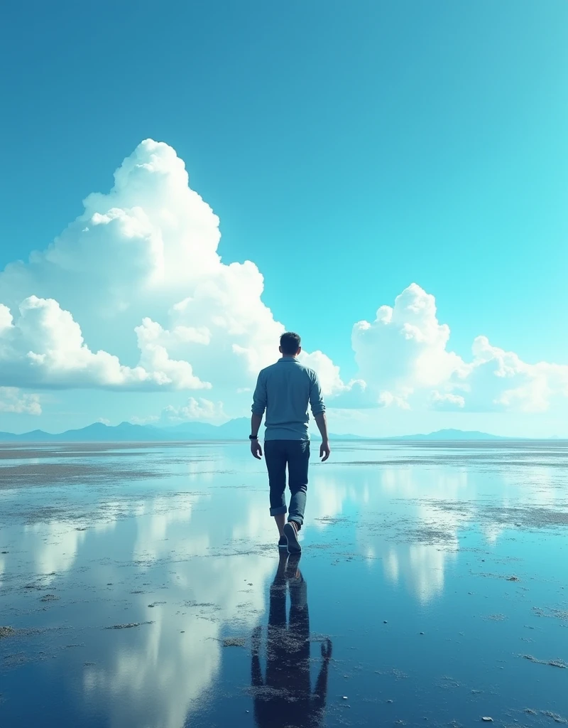 Digital art style with high contrast and vibrant colors. A handsome man walking on a wet surface with his back turned to the viewer, set against a bright blue sky with beautiful skies. The sky and clouds are reflected on the wet surface. The man is centered with the focus on the expansive and fantastical landscape, reminiscent of a cinematic scene.