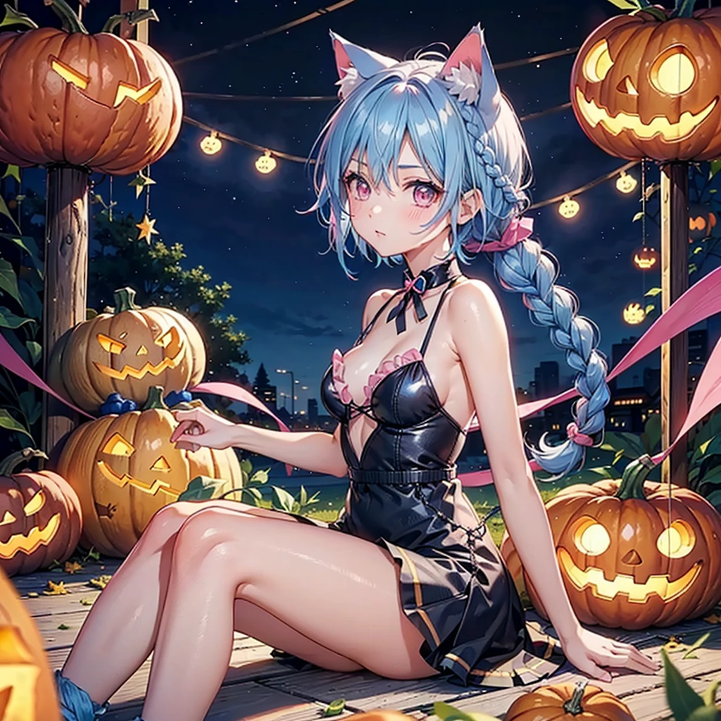 (Sky blue hair),(Braided short hair), (Pink Eyes),Fair skin) ,(whole body),(One Girl),(There are lots of pumpkin ghosts in the background),Cat ear,Cat&#39;s Tail,(Sailor suit),(Bruises and ugly faces),(Fall into Darkness),If you don't give me sweets, I'll play a prank on you.),(Halloween Night Party),(masterpiece, Highest quality, Very detailed, Best Shadow), (Detailed Background), (Beautifully detailed face), High Contrast, (Best lighting, Very delicate and beautiful), ((Cinematic Light)), Hyper Detail,8k, Dramatic Light, Intricate details,night,(Bats flying in the background),High quality