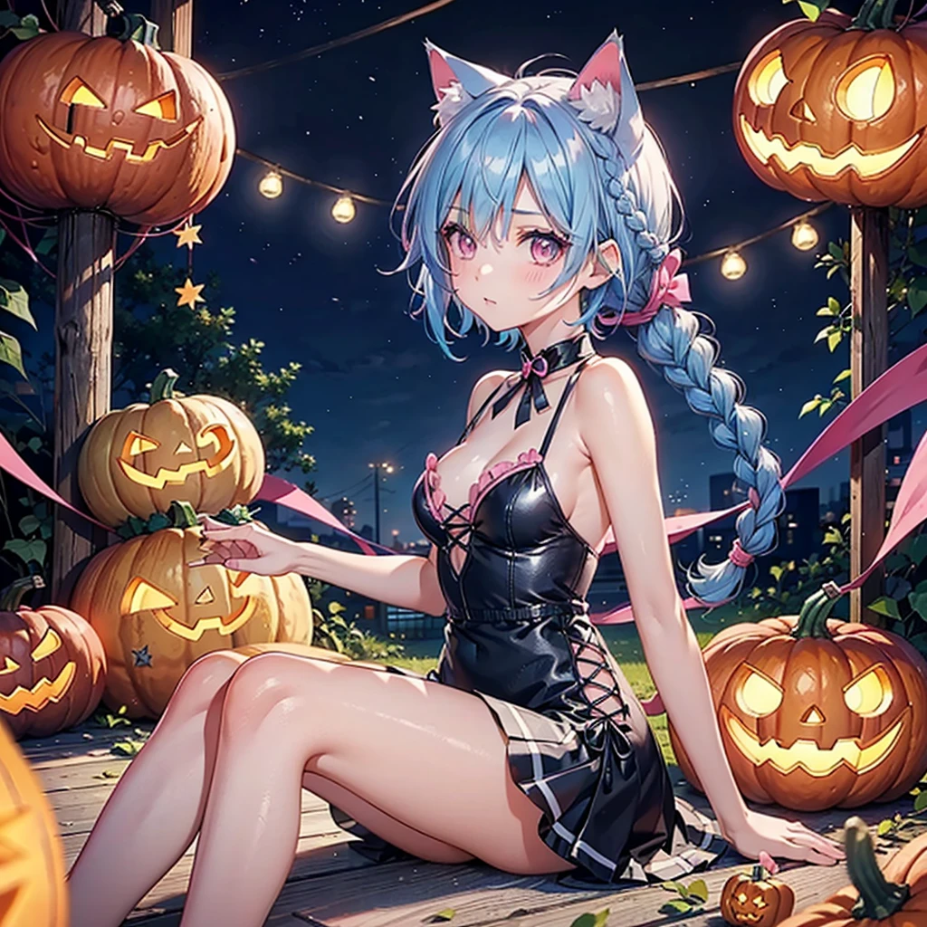(Sky blue hair),(Braided short hair), (Pink Eyes),Fair skin) ,(whole body),(One Girl),(There are lots of pumpkin ghosts in the background),Cat ear,Cat's Tail,(Sailor suit),(Bruises and ugly faces),(Fall into Darkness),If you don't give me sweets, I'll play a prank on you.),(Halloween Night Party),(masterpiece, Highest quality, Very detailed, Best Shadow), (Detailed Background), (Beautifully detailed face), High Contrast, (Best lighting, Very delicate and beautiful), ((Cinematic Light)), Hyper Detail,8k, Dramatic Light, Intricate details,night,(Bats flying in the background),High quality