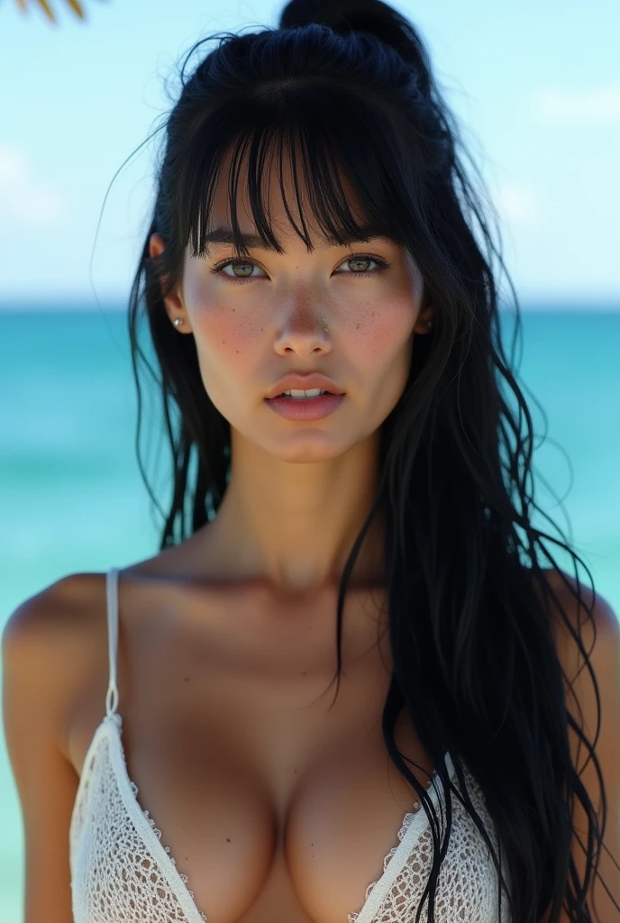 Beautiful European woman with very long black hair, ponytail with fringe, wet hair, straight hair, combed back, straight hair, streaked black hair, Idra Fox in wet white mesh dress, cleavage, nose piercing, freckles, so The background of the endless blue sea