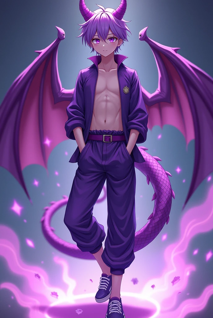 ((high definition, lighting)), ultra-detalied, 1male, solo, thin build, 190 cm tall, full body focus, violet hair, violet pupils, open torso, violet pants with violet belt, violet socks, violet shoes, violet aura with violet small stars near, violet dragon scales on body, violet dragon tail on back waist, violet dragon wings on back, violet dragon eyes, violet dragon horns on head, looks at the viewer, calm look, high detail anatomy, high quality image, calm stance with hands in pocket, detailed body, high-quality image, high-quality details, short hair, ((anime style)), masterpiece, best quality, highres, super detail, accurate, high details, 4K, UHD,