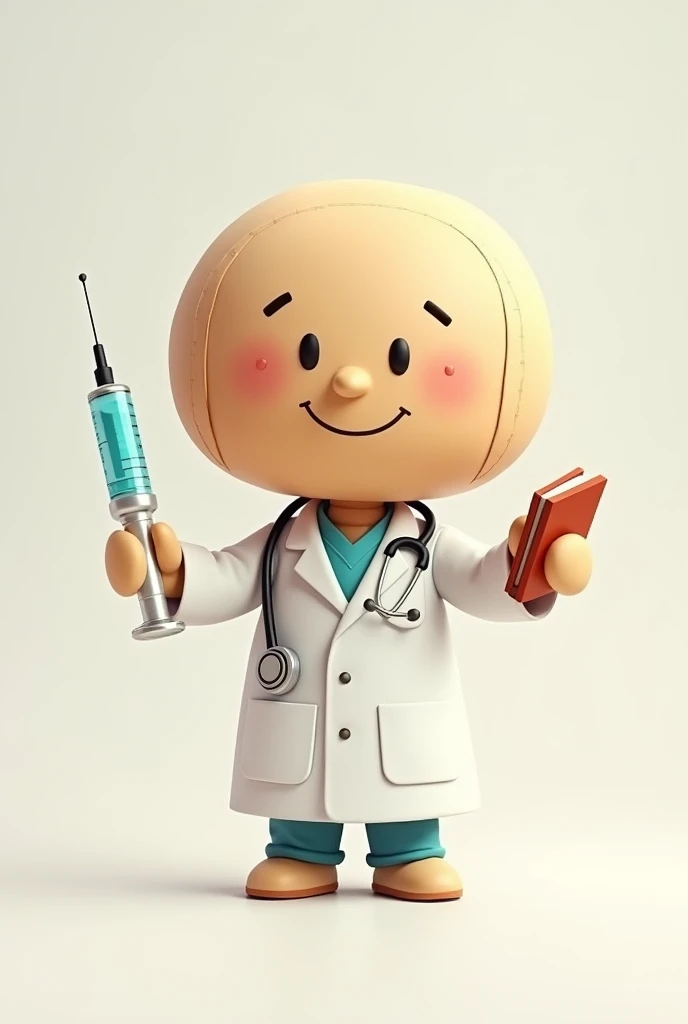 A mascot 2d image with a round wooden head, curved, smiling eyes, short hands similar to Doraemon, right hand holding a book, left hand holding a syringe, wearing a white medical gown, hanging a septoscope.