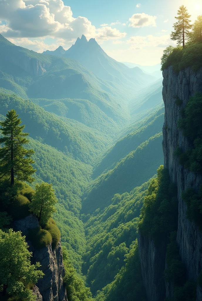 A view from the top of the world mountain looking down with green forest and hills looking amazingly great