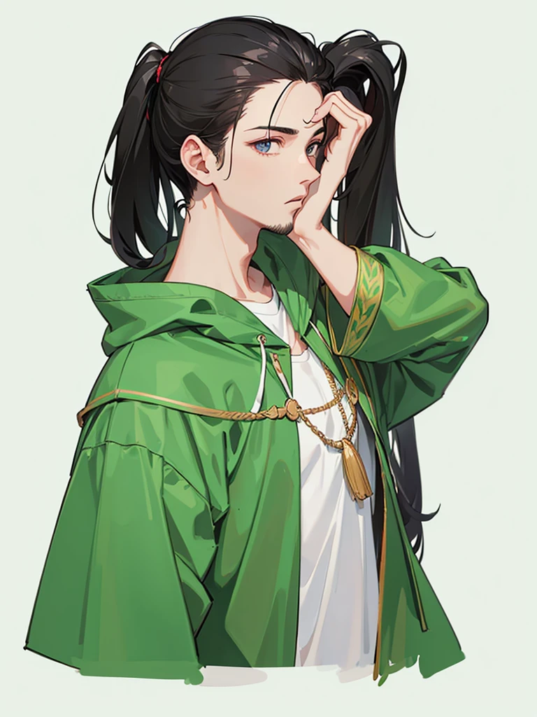 male、man、High resolution, Simple Background, Highest quality, High detail, Slicked back hair、Black Hair、long hair、short beard、Sword