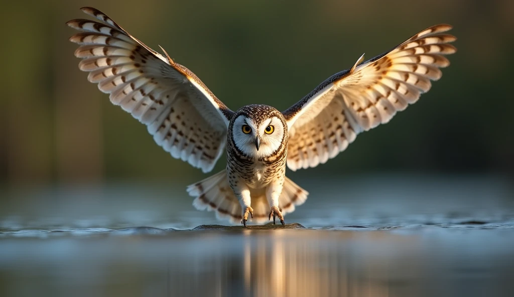 Owl flying over water，Inverted image from below，Sharp focus，Bokeh，Depth of written boundary，Masterpieces，Ultra-fine，Ultra-realistic，8k，Best image quality，Detailed Description