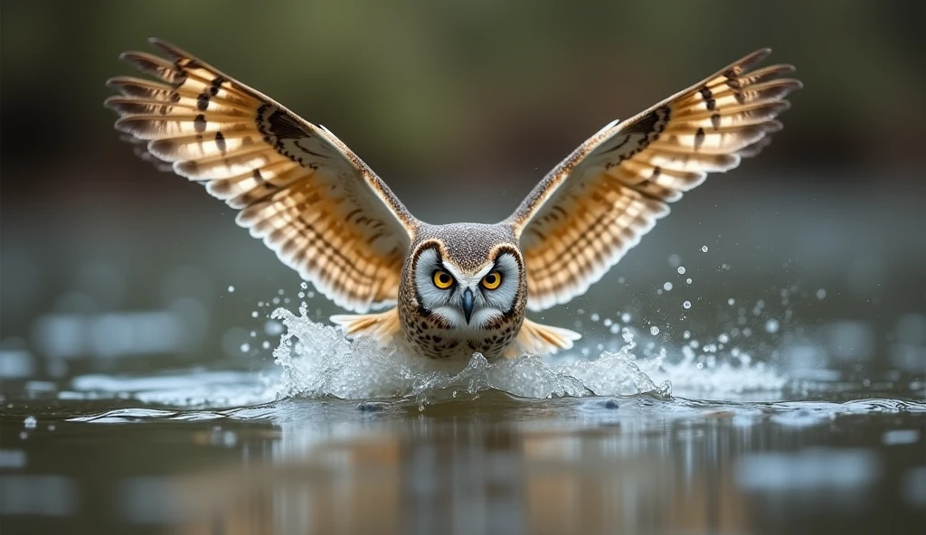 Owl flying over water，Inverted image from below，Sharp focus，Bokeh，Depth of written boundary，Masterpieces，Ultra-fine，Ultra-realistic，8k，Best image quality，Detailed Description