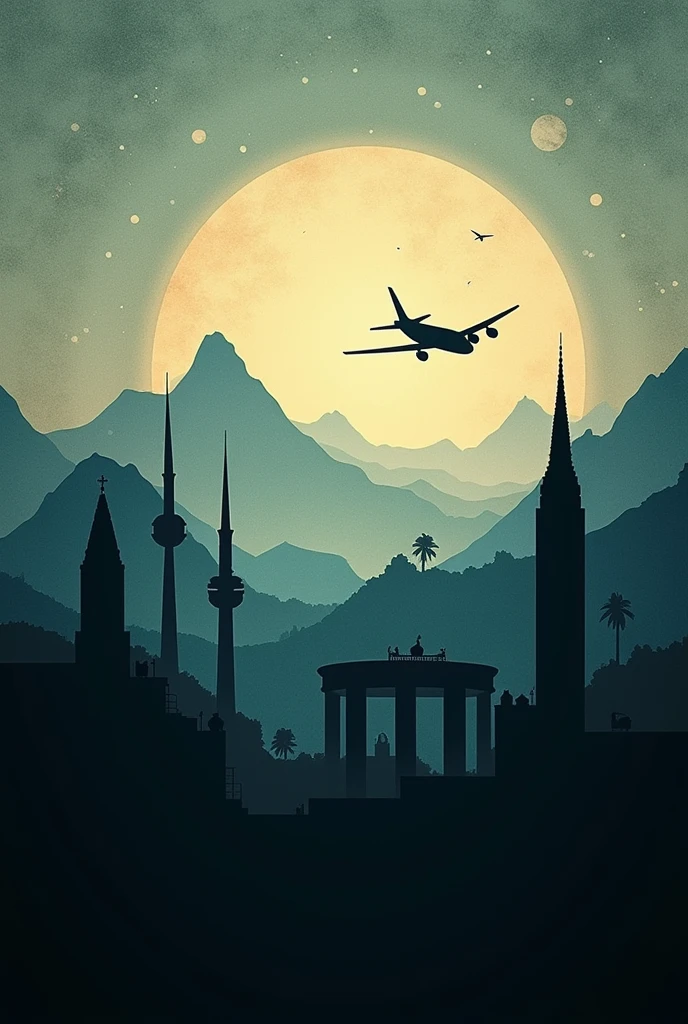 Color Scheme:

Use calming and inviting colors like soft blues, sandy beige, and subtle greens. These colors are often associated with travel, nature, and relaxation.
Incorporate gradient transitions from darker shades at the bottom to lighter ones at the top to give a sense of depth.
Visual Elements:

Silhouettes or Overlays: Include subtle silhouettes of iconic landmarks, mountains, beaches, or airplanes as overlays in the background. This can be done in a semi-transparent manner, so it doesn’t overpower the foreground elements.
Texture: A subtle texture of a world map or a faded compass could add a nice touch to the background, reinforcing the travel theme.
The background should be dark black in colour as there's is full dark black night and foreground should also be dark black in colour 